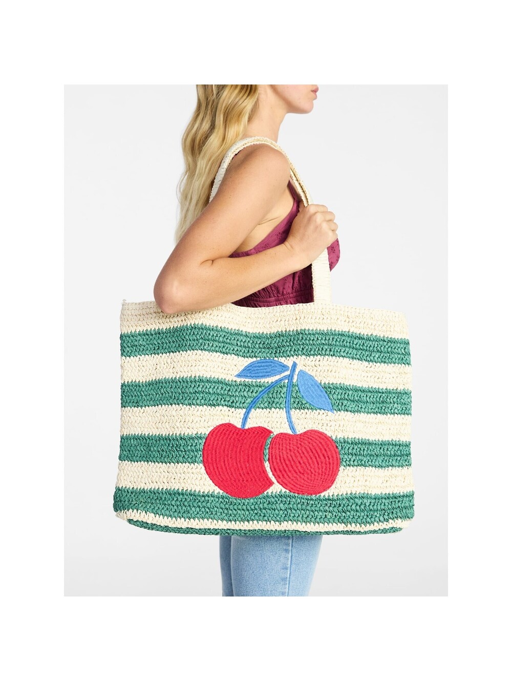 No Boundaries Women's Cherry Beach Tote Bag, Green Cherry